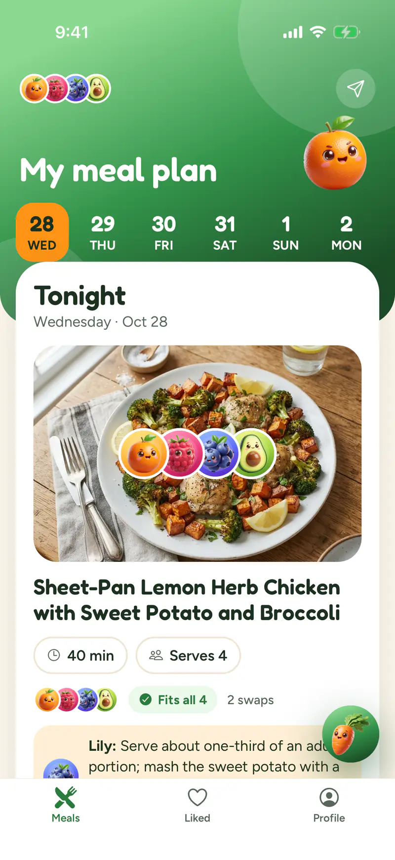 Gluten’s meal plan for tonight: sheet-pan lemon herb chicken, marked “Fits all 4” with 2 swaps
