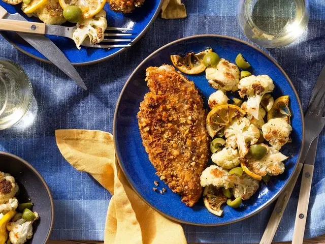 Walnut-crusted chicken diavola with lemon-roasted cauliflower