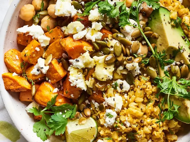 Cauliflower Rice Lunch Bowl with Sweet Potatoes and Chickpeas