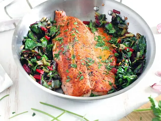 One Pan Garlic Butter Salmon and Swiss Chard