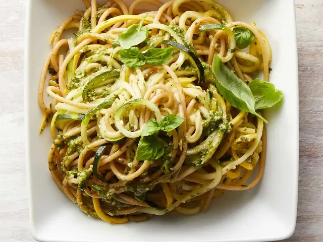Spaghetti & Zucchini Noodles with Basil-Walnut Pesto