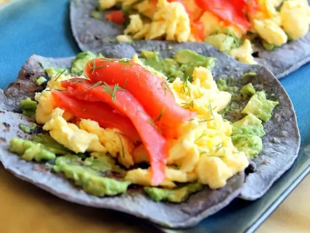 Blue Corn Breakfast Tacos with Scrambled Eggs, Smoked Salmon, Avocado + Dill