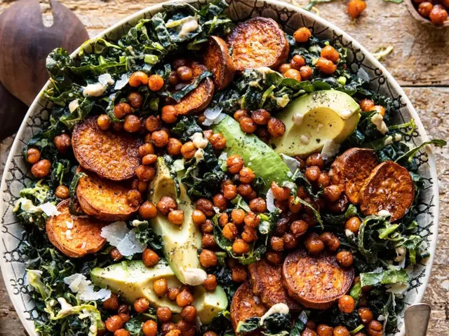 Kale Caesar Salad with Sweet Potatoes and Crispy Chickpeas