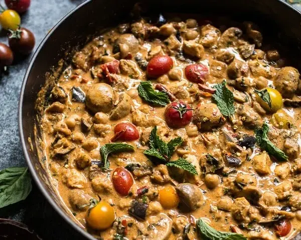 Simple Almond Chicken, Chickpea and Eggplant Curry.