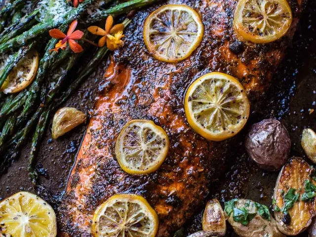 One Pan Lemon Salmon, Roasted Potatoes and Parmesan Asparagus.