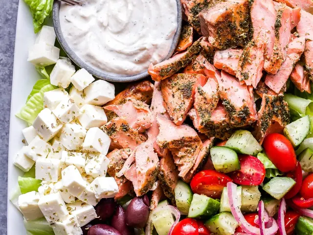 Greek Salmon Salad with Tahini Yogurt Dressing