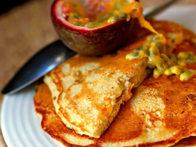 Buckwheat, banana and passion fruit pancakes