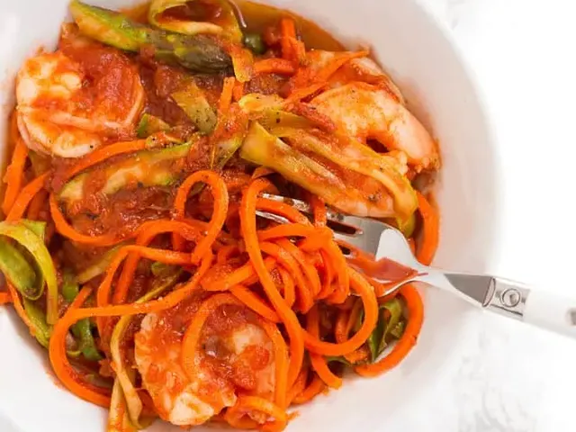 Spiralized Carrot Spaghetti with Shrimp and Shaved Asparagus