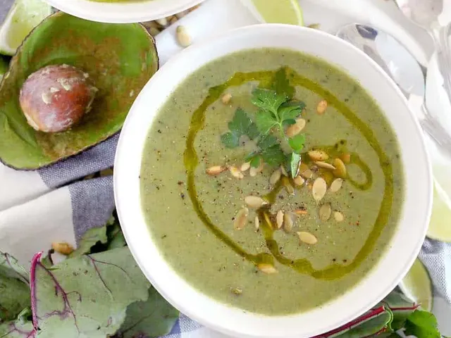 Broccoli Avocado Soup with Beet Greens