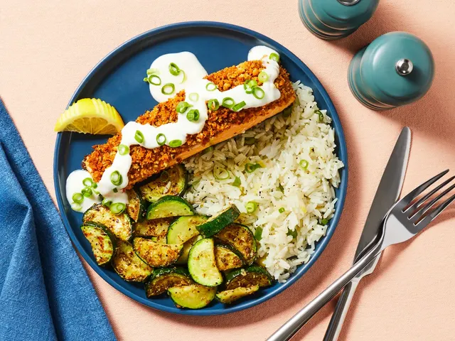 Walnut-Crusted Salmon with Garlicky Zucchini, Scallion Rice & Creamy Lemon Sauce