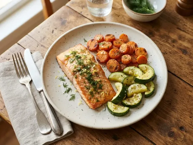 Roasted Salmon with Garlic-Dill Carrots and Zucchini