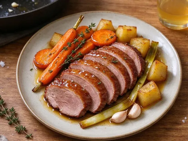 Pan-Seared Duck with Honey-Apple Glaze, Roasted Turnips and Carrots