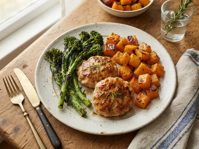 Maple-Rosemary Turkey Patties with Roasted Butternut Squash and Broccolini