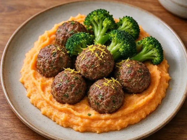 Herbed Lamb Meatballs with Silky Sweet Potato Mash and Broccoli