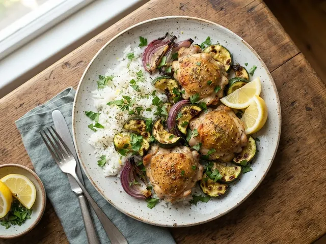 Sheet-Pan Lemon Oregano Chicken with Zucchini and Rice
