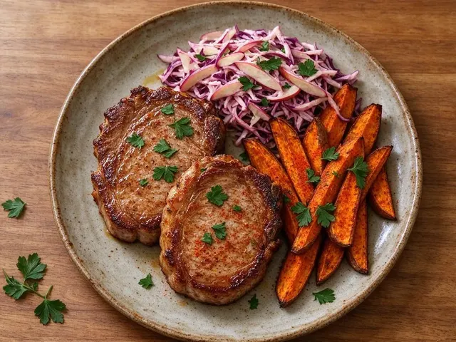 Smoky Pork Chops with Roasted Sweet Potato Wedges and Apple Slaw