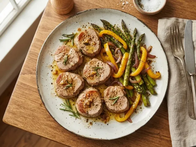 Rosemary-Garlic Pork Medallions with Roasted Asparagus and Peppers