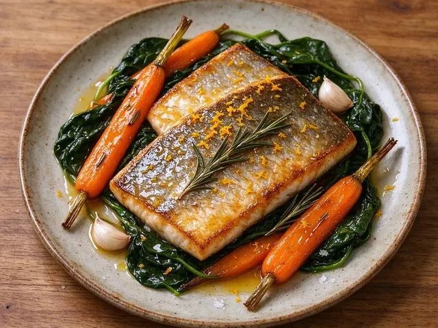 Crispy-Skin Trout with Orange, Roasted Carrots and Spinach