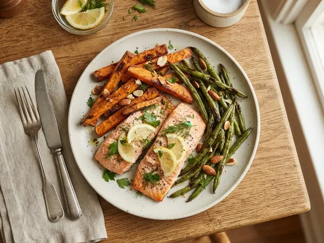 Sheet Pan Roast Salmon with Sweet Potato Batons and Green Beans