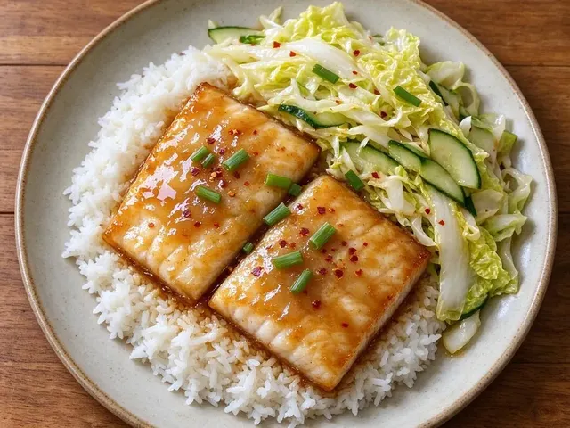 Korean Pear-Glazed Baked Fish with Rice and Napa Slaw