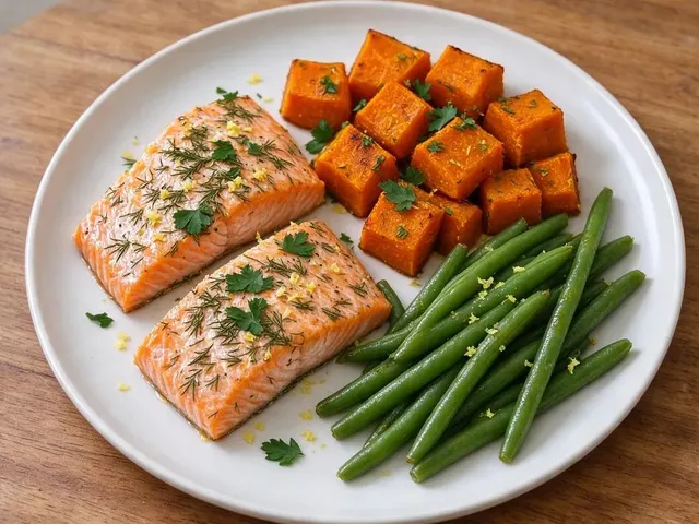 Dill Salmon with Roasted Squash and Green Beans