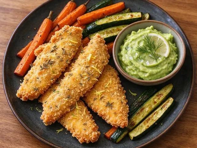 Crispy Herb Chicken Tenders with Carrot Fries and Avocado Dip
