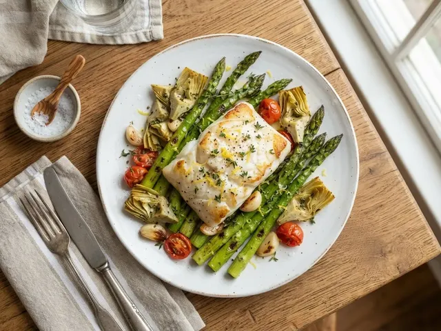 Lemon-Thyme Roasted Cod with Asparagus and Artichokes