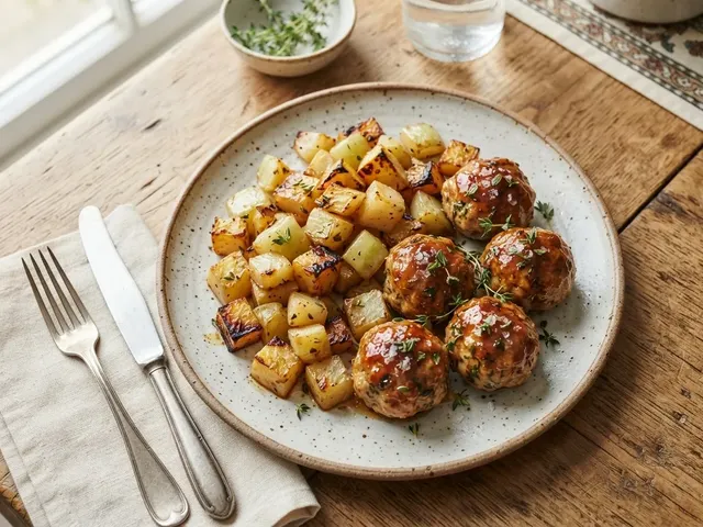 Glazed Chicken Meatballs with Roasted Kohlrabi and Rutabaga