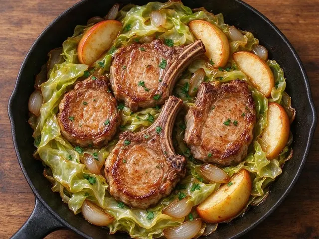 Skillet Pork Chops with Caramelized Apples and Cabbage