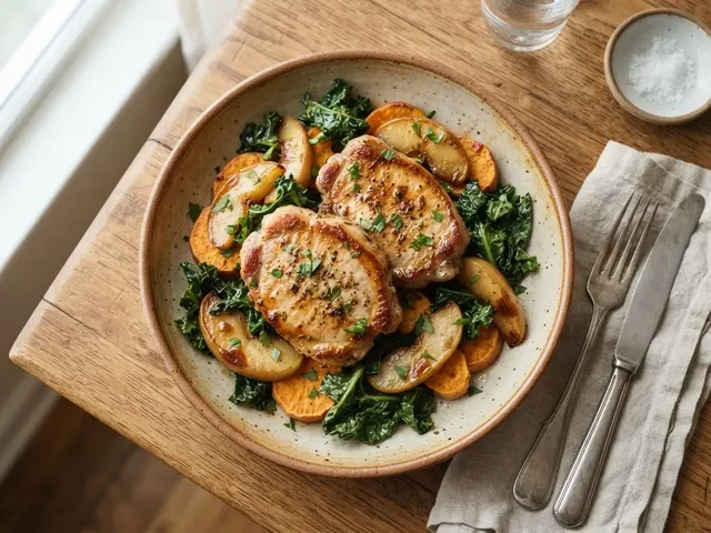 Pan-Seared Pork Chops with Apples, Sweet Potatoes, and Kale