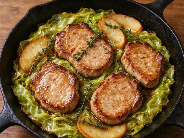 Skillet Pork Chops with Soft Apples and Cabbage