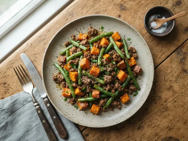 Maple Ground Beef and Sweet Potato Skillet with Green Beans