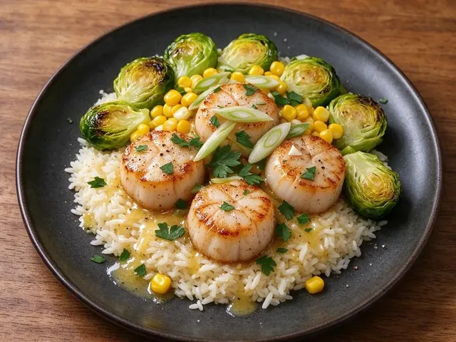 Date-Night Seared Scallops with Charred Brussels Sprouts and Golden Corn
