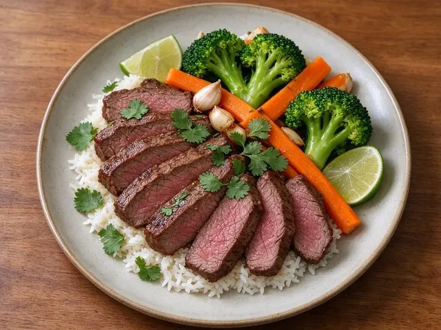 Seared Steak with Ginger Broccoli and Carrots over Rice