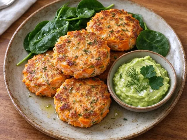 Golden Salmon Cakes with Sweet Potato and Green Herb Sauce