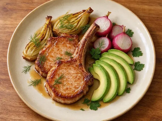 Seared Pork Chops with Roasted Fennel and Radishes