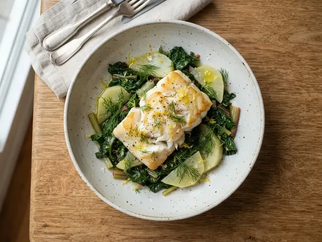 Pan-Steamed Cod with Kohlrabi and Swiss Chard