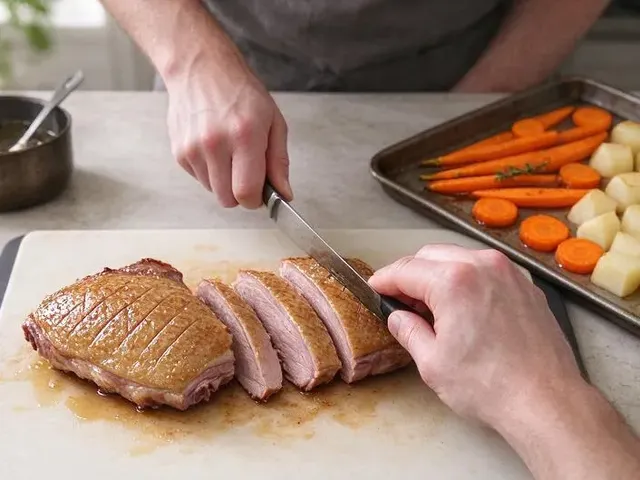 Pan-Seared Duck with Honey-Apple Glaze, Roasted Turnips and Carrots, step 5