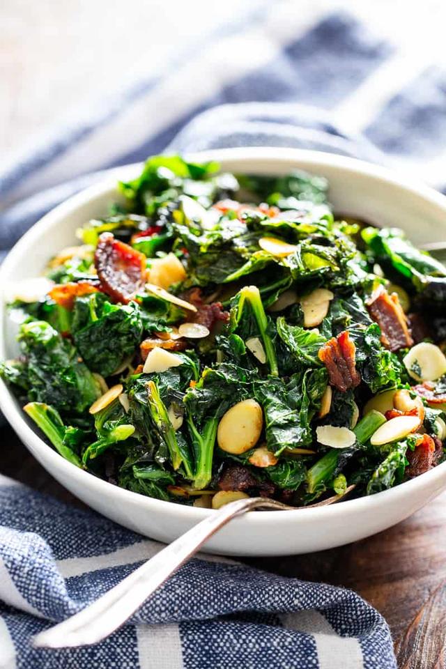 Sautéed Kale with Bacon and Almonds {Whole30, Keto, Low FODMAP} Sautéed Kale with Bacon and Almonds {Whole30, Keto, Low FODMAP}