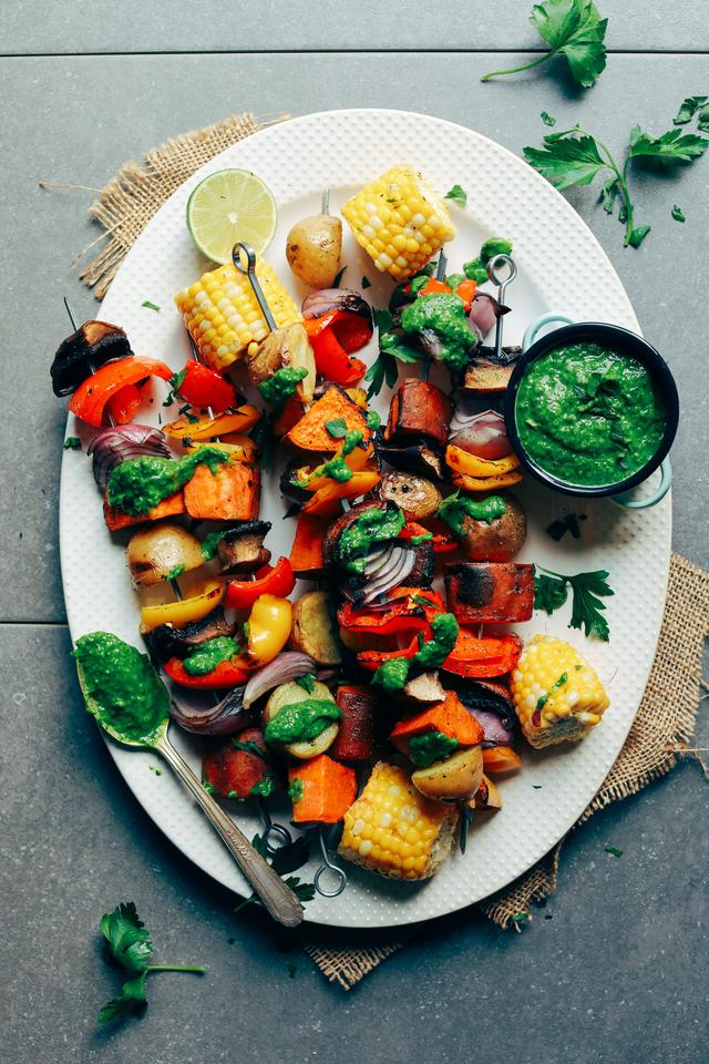 Veggie Skewers with Magic Green Sauce Veggie Skewers with Magic Green Sauce