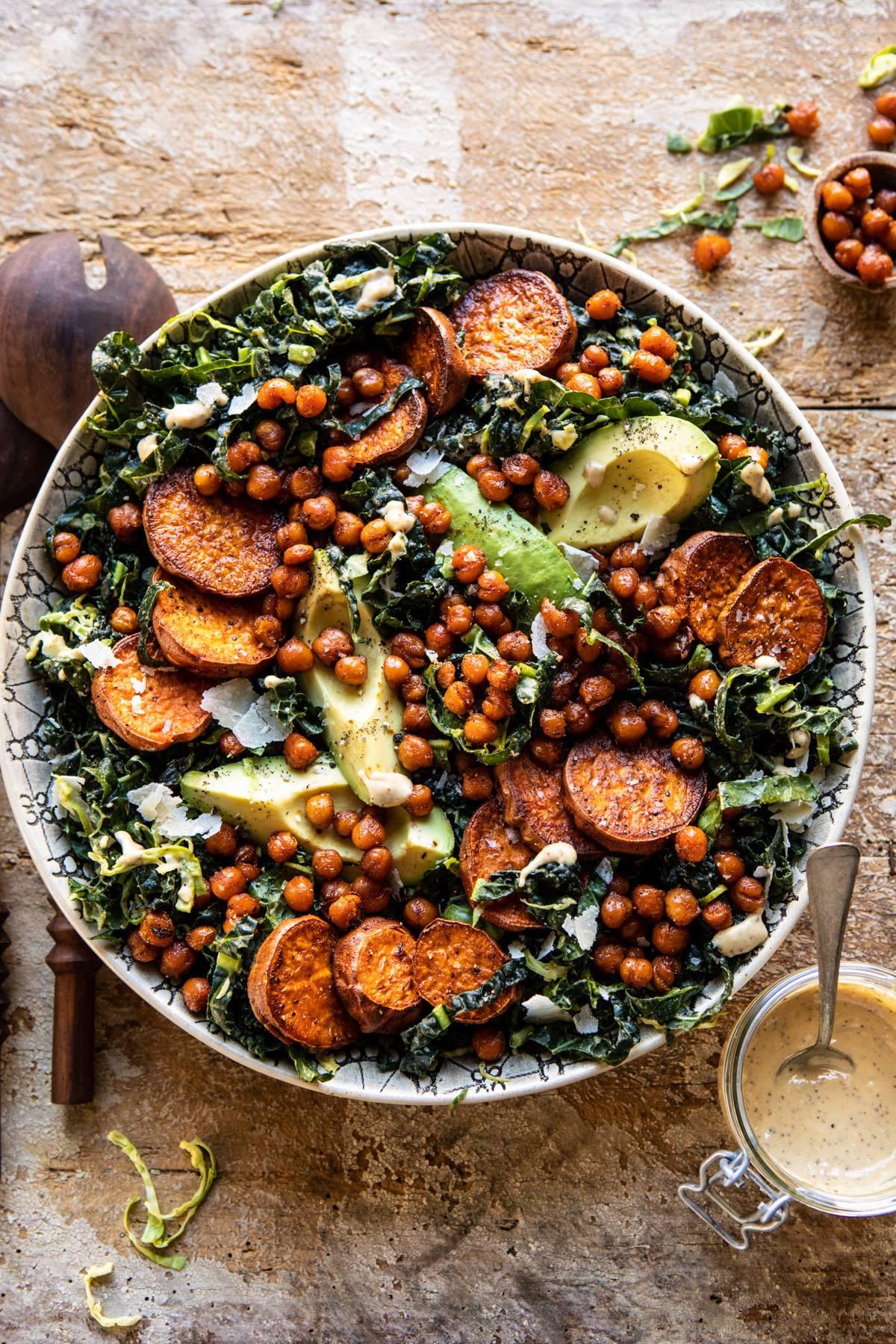 Kale Caesar Salad with Sweet Potatoes and Crispy Chickpeas Kale Caesar Salad with Sweet Potatoes and Crispy Chickpeas