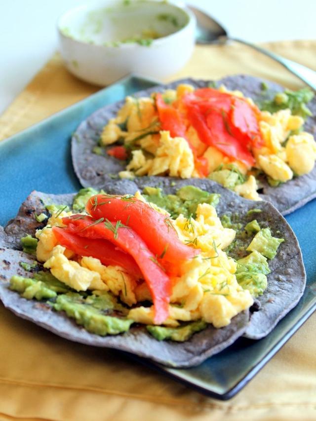 Blue Corn Breakfast Tacos with Scrambled Eggs, Smoked Salmon, Avocado + Dill Blue Corn Breakfast Tacos with Scrambled Eggs, Smoked Salmon, Avocado + Dill