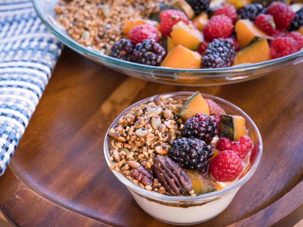 Greek Yogurt Parfait with Ginger Candied Pumpkin, Berries and Pumpkin Seed Pecan Granola Greek Yogurt Parfait with Ginger Candied Pumpkin, Berries and Pumpkin Seed Pecan Granola