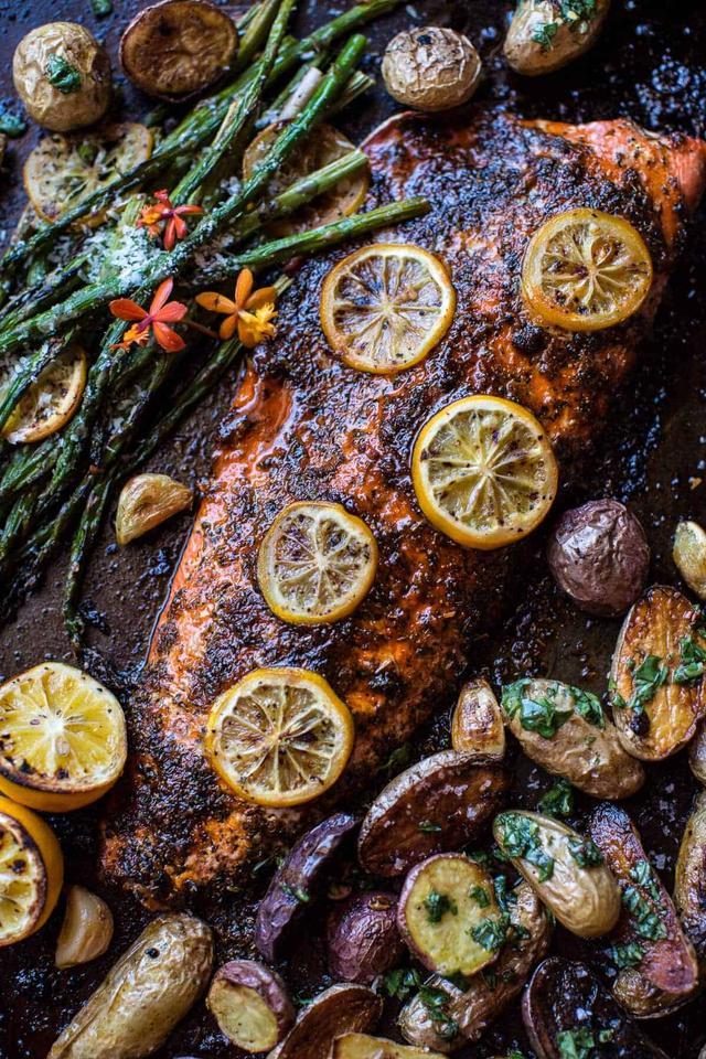 One Pan Lemon Salmon, Roasted Potatoes and Parmesan Asparagus. One Pan Lemon Salmon, Roasted Potatoes and Parmesan Asparagus.
