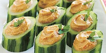 Red-Pepper Hummus in Cucumber Cups Red-Pepper Hummus in Cucumber Cups