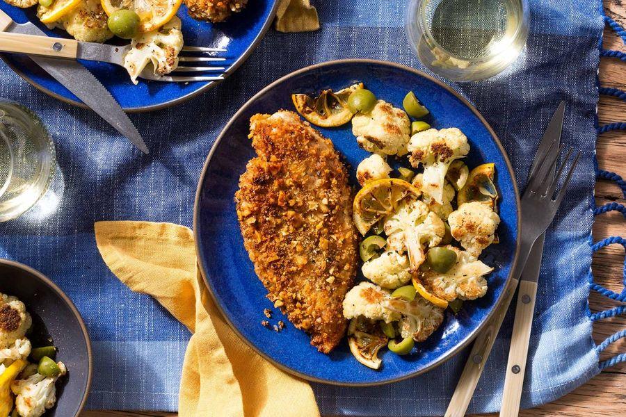 Walnut-crusted chicken diavola with lemon-roasted cauliflower Walnut-crusted chicken diavola with lemon-roasted cauliflower