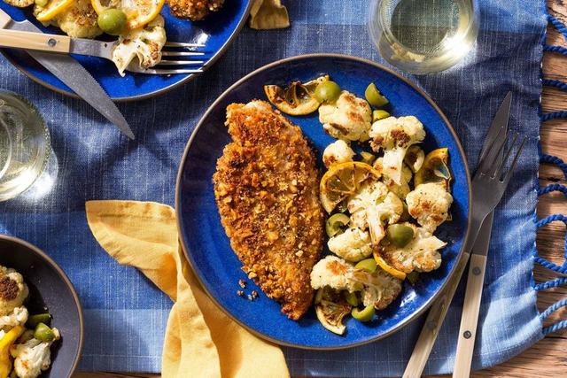Walnut-crusted chicken diavola with lemon-roasted cauliflower Walnut-crusted chicken diavola with lemon-roasted cauliflower