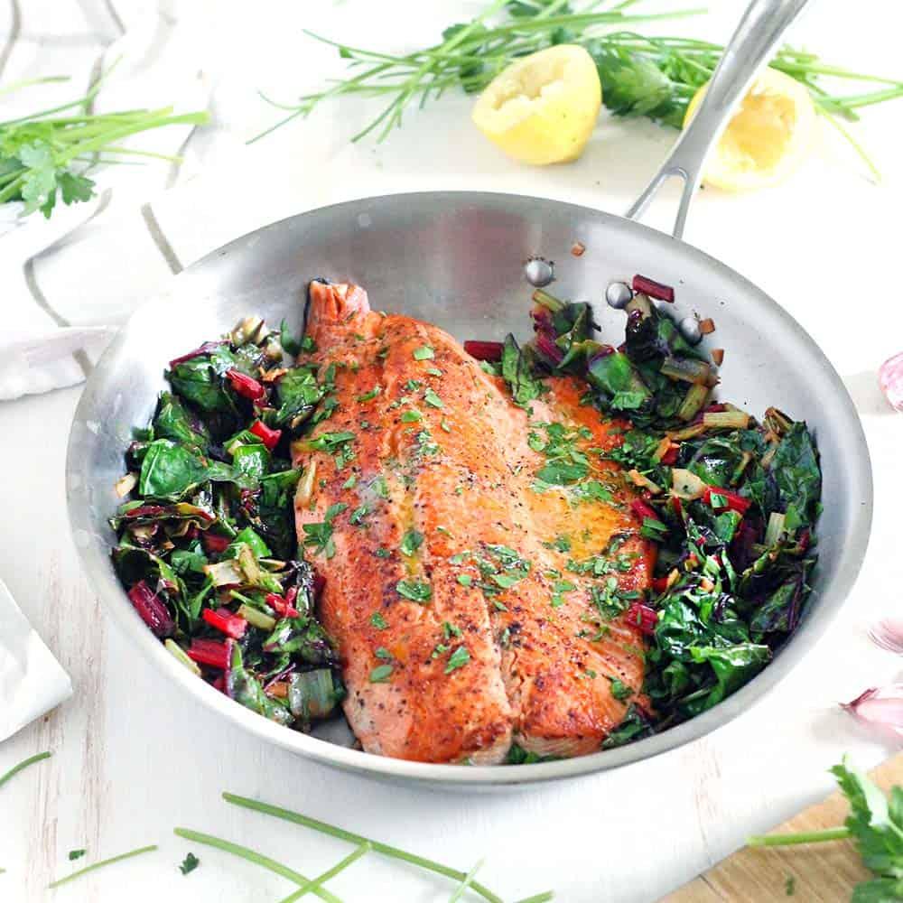 One Pan Garlic Butter Salmon and Swiss Chard One Pan Garlic Butter Salmon and Swiss Chard