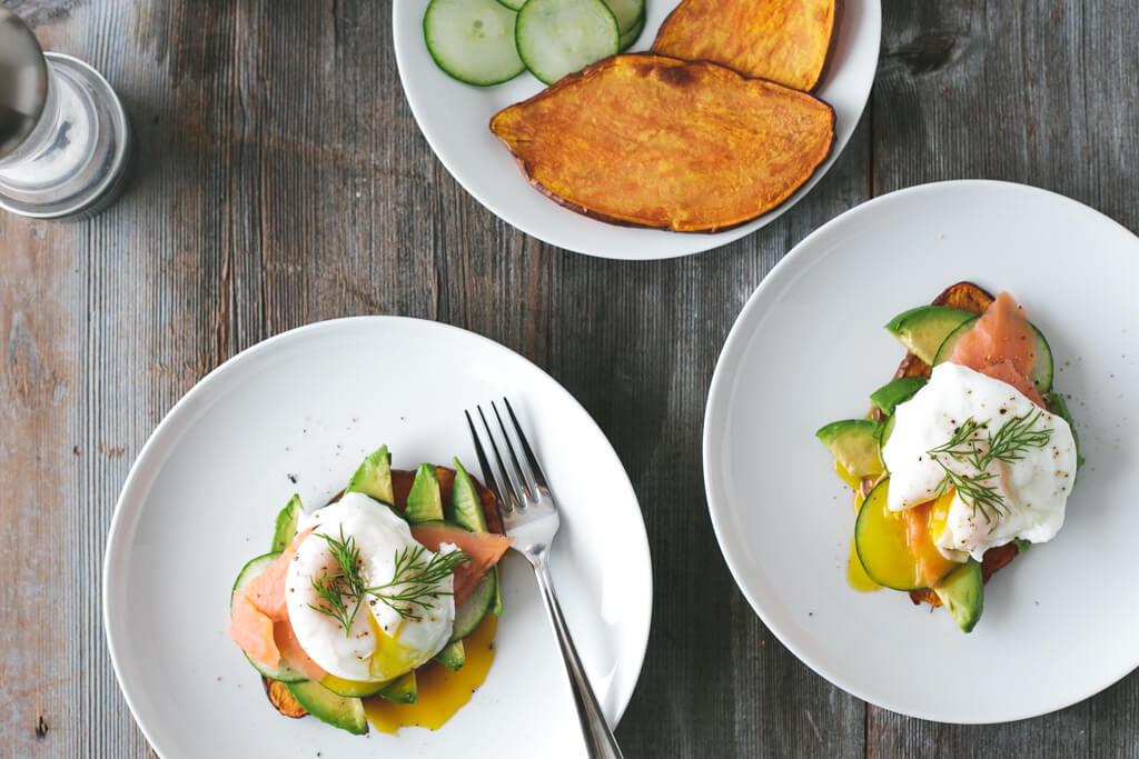 Sweet Potato "Toast" with Avocado, Cucumber, Smoked Salmon and Poached Egg Sweet Potato "Toast" with Avocado, Cucumber, Smoked Salmon and Poached Egg