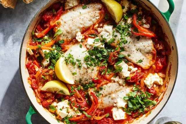 Baked White Fish with Charred Tomatoes and Feta Baked White Fish with Charred Tomatoes and Feta
